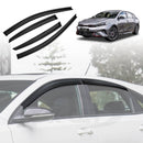 A set of four black X-CAR weather shields for a Kia Cerato Hatch 2018-2024, displayed on a white background and installed on a vehicle.