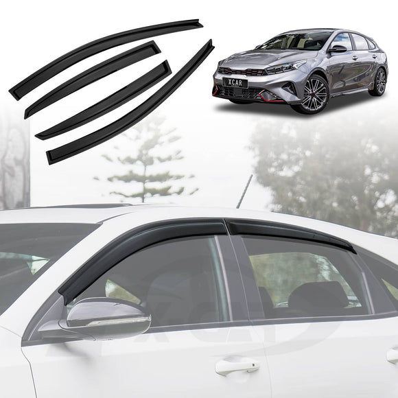 A set of four black X-CAR weather shields for a Kia Cerato Hatch 2018-2024, displayed on a white background and installed on a vehicle.