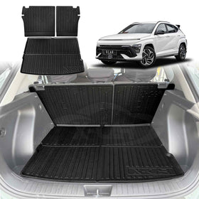 X-CAR Hyundai Kona 2023 onwards boot liner with back seat protectors installed in cargo area