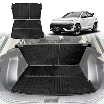 X-CAR Hyundai Kona 2023 onwards boot liner with back seat protectors installed in cargo area