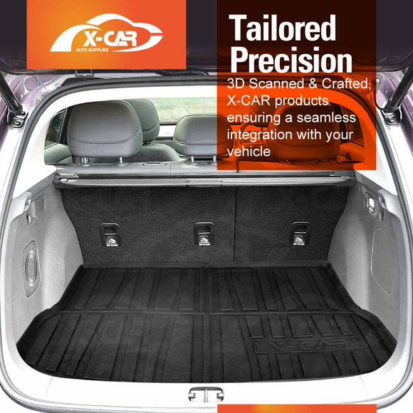 Car trunk with a black cargo liner and X-CAR branding on an orange background