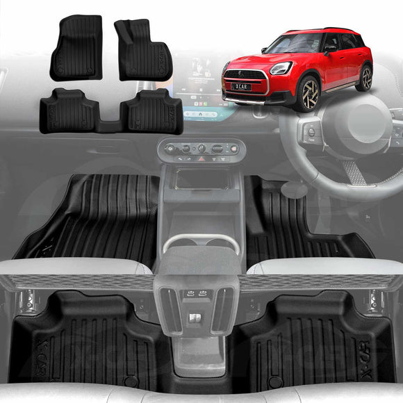 A set of X-CAR 3D floor mats installed in a MINI Countryman vehicle, showing the mats in both the first and second rows of the car interior.
