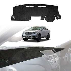 A black dash mat designed for a Mazda BT-50 Dual Cab model year 2011-2020 displayed on a dashboard, with an image of the vehicle in the background.