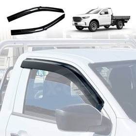 A set of two black car weather shields or wind deflectors attached to the side windows of a Mazda BT-50 pickup truck. The product is designed to allow fresh air entry and block rain, with a precision fit for the vehicle model.