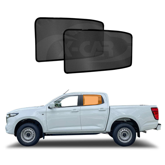 Magnetic sun shades designed for Mazda BT-50 BT50 Dual Cab 2020-2025 TF Series, displayed as black mesh fabric panels that attach to the vehicle's window frames.