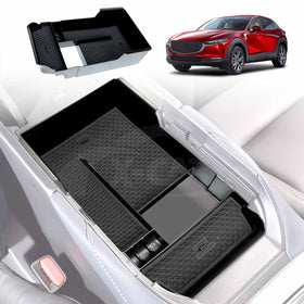 An armrest organizer tray fitted into the center console of a vehicle, designed specifically for a Mazda CX30 CX-30 model.