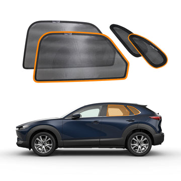 Magnetic snap-on window sun shades for Mazda CX30 CX-30 2019-2025 shown in black with orange detailing, displayed on a car.