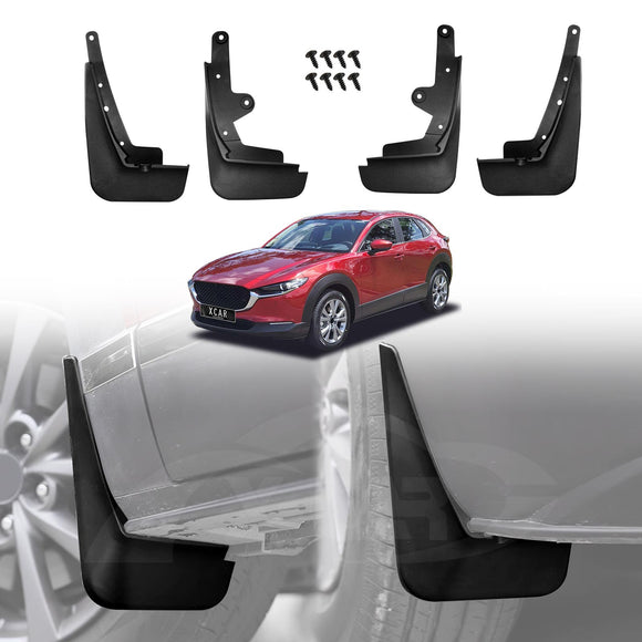 A set of black mud flaps for a Mazda CX30 CX-30 2019-2025, including mounting hardware, displayed alongside the vehicle they are designed to fit.