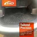 Car trunk with a black Mazda CX5 floor mat and X-Car logo, featuring text about 3D scanning and crafting.