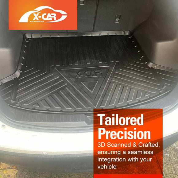 Car trunk with a black Mazda CX5 floor mat and X-Car logo, featuring text about 3D scanning and crafting.