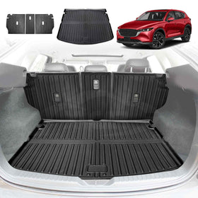 A black 3D moulded boot liner and back seats protector for a Mazda CX-5 displayed in the cargo area of the vehicle.