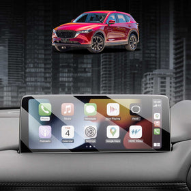 Mazda CX-5 dashboard touchscreen with X-CAR tempered glass screen protector and red CX-5 SUV above city skyline background.