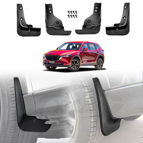 A set of black mud flaps for a Mazda CX-5, displayed alongside the vehicle they are designed to fit.