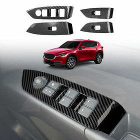 X-CAR carbon fiber style window control panel trim for Mazda CX-5 2017-2025 interior switch cover set installed on driver door panel