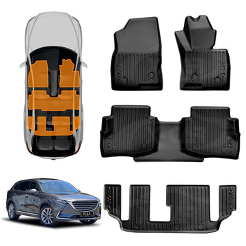 Set of X-CAR Mazda CX-9 black car floor mats with a car model for scale on a white background
