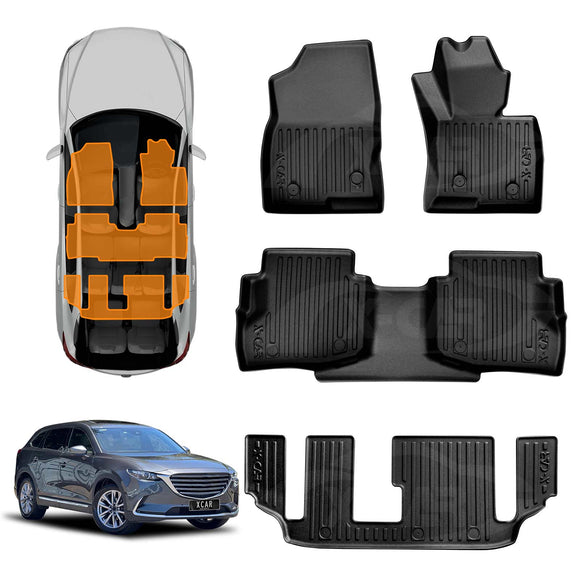 Set of X-CAR Mazda CX-9 black car floor mats with a car model for scale on a white background