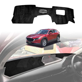 A black dash mat designed for a Mazda CX30 CX-30 2019-2025 model is displayed, along with an image of the vehicle it fits.
