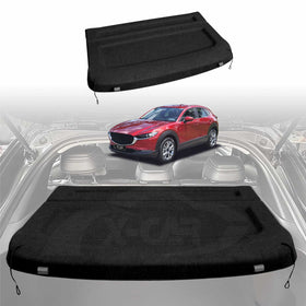 A black car trunk shade designed for the Mazda CX-30, displayed both folded and unfolded, with a red Mazda CX-30 SUV shown in the background.