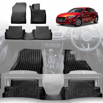Set of X-CAR black car floor mats with a red mazda 3 in the background
