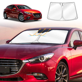 An illustration of a Mazda 3 car with a sun shade on the windshield and a diagram of the sun shade design.