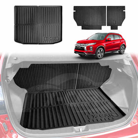 Black boot liner and back seat protector for Mitsubishi ASX, displayed in the cargo trunk of an ASX with a red car in the background.