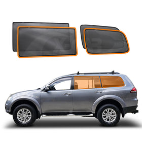 X-CAR window sun shades for Mitsubishi Challenger 2008-2016 PB PC Series, displayed alongside the corresponding model of the vehicle.