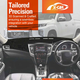 X-CAR dash mat designed for a Mitsubishi Triton MQ MR Dual Cab, installed on the dashboard of a Triton.