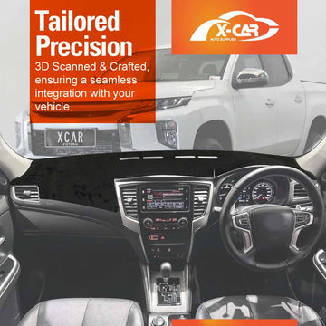 X-CAR dash mat designed for a Mitsubishi Triton MQ MR Dual Cab, installed on the dashboard of a Triton.
