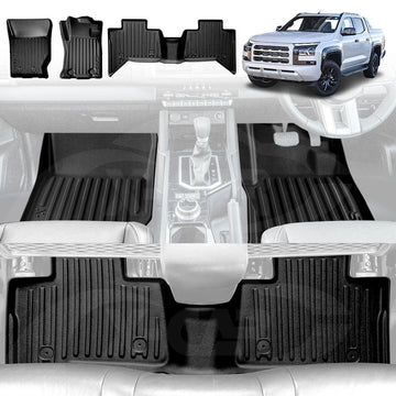 X-CAR 3D all-weather floor mats installed in a Mitsubishi Triton MV Double Cab vehicle, including front and second row pieces.