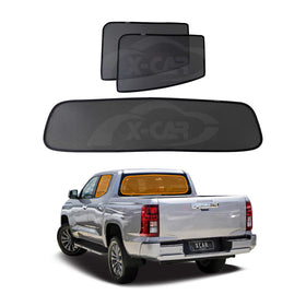 X-CAR Window Sun Shades for Mitsubishi Triton MV Double Cab 2024-Onwards, installed on the rear window and rear windscreen of a Triton.
