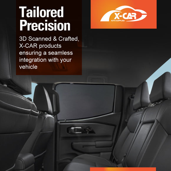 X-CAR Window Sun Shades for Mitsubishi Triton MV Double Cab 2024-Onwards, installed on the rear window of a Triton.