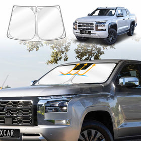 X-CAR Windscreen sun shade for Mitsubishi Triton MV Double Cab, installed on the windscreen of a Triton MV.