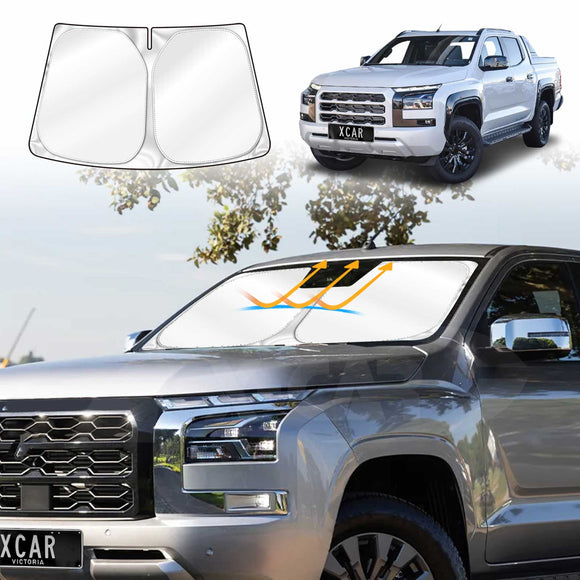 X-CAR Windscreen sun shade for Mitsubishi Triton MV Double Cab, installed on the windscreen of a Triton MV.