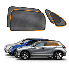 Magnetic sun shades for Mitsubishi ASX 2010-2025, depicted as black mesh with orange trim, displayed both separately and attached to a vehicle.