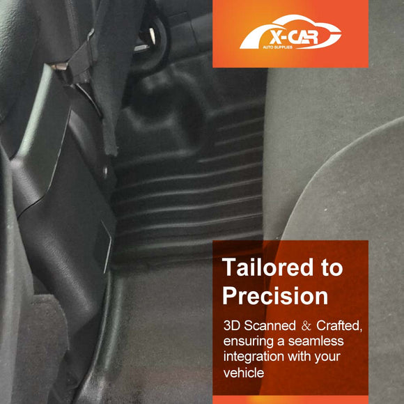 Car interior with a focus on a seat and a logo in the corner, with text about 3D scanning and crafting.