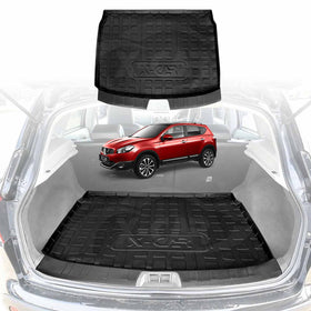 Car trunk with X-CAR black cargo liner and a red Nissan Dualis on a white background