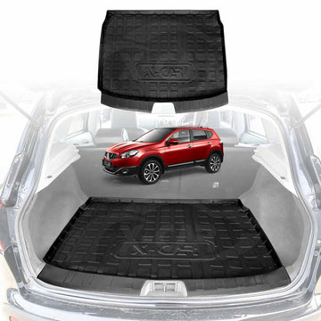 Car trunk with X-CAR black cargo liner and a red Nissan Dualis on a white background