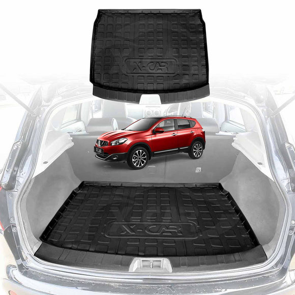 Car trunk with X-CAR black cargo liner and a red Nissan Dualis on a white background