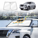 X-CAR Windshield Sun Shade for Nissan Patrol 2012-2024 Y62 Series installed on the windscreen of a Nissan Patrol.