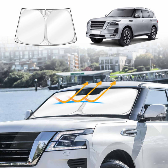X-CAR Windshield Sun Shade for Nissan Patrol 2012-2024 Y62 Series installed on the windscreen of a Nissan Patrol.