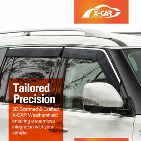 X-CAR weathershields for Nissan Patrol Y62 series installed on the windows of a vehicle. 
