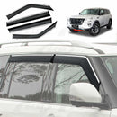 X-CAR weathershields for Nissan Patrol Y62 series installed on the windows of a vehicle. 