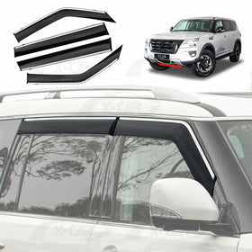 X-CAR weathershields for Nissan Patrol Y62 series installed on the windows of a vehicle. 