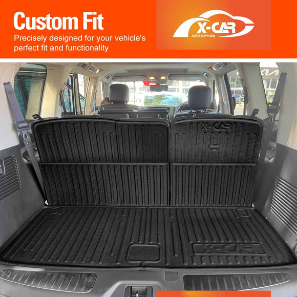 X-CAR boot liner and back seat protectors set for Nissan Patrol Y62 installed in the cargo area.