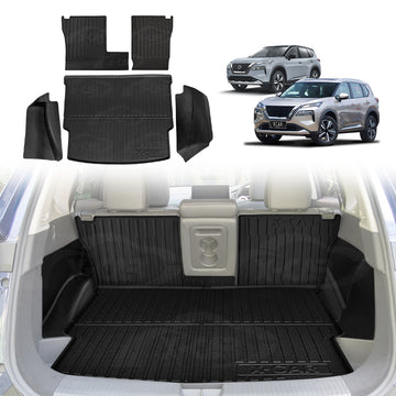 X-CAR boot liner, back seat protectors and boot side protectors installed in Nissan X-Trail T33 car boot.

