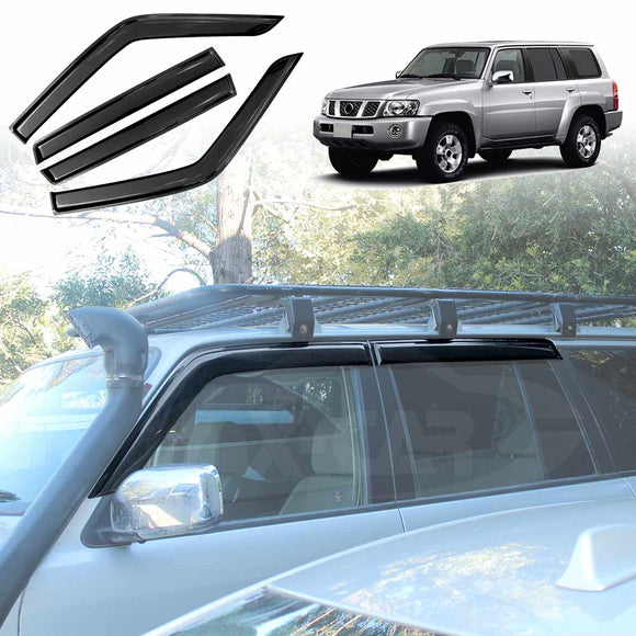 X-CAR weather shields for Nissan Patrol GU Y61 installed on the vehicle windows. 