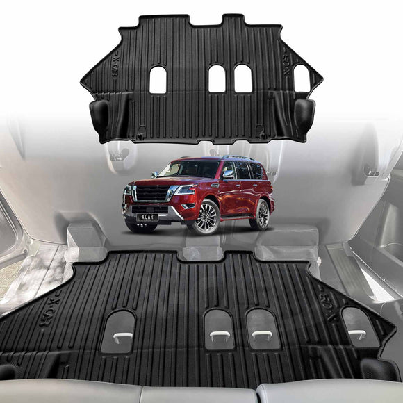 X-CAR 3D floor mats designed for a Nissan Patrol Y62 Series installed in the third row passenger seat foot well.
