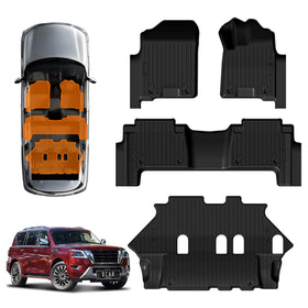 X-CAR 3D floor mats designed for a Nissan Patrol Y62 Series displayed alongside the vehicle interior and exterior.