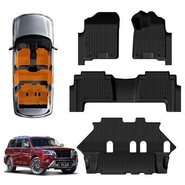 X-CAR 3D floor mats designed for a Nissan Patrol Y62 Series displayed alongside the vehicle interior and exterior.