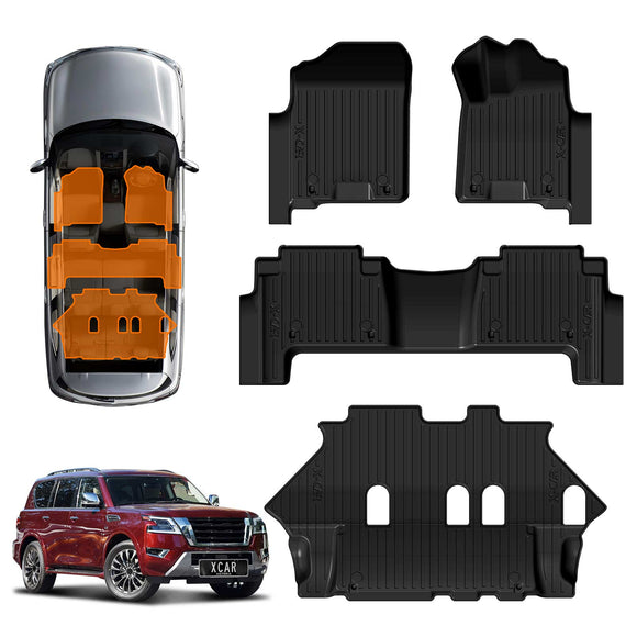 X-CAR 3D floor mats designed for a Nissan Patrol Y62 Series displayed alongside the vehicle interior and exterior.
